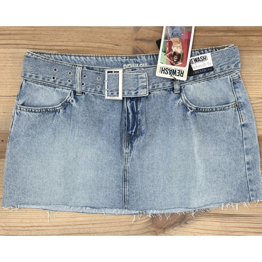 REWASH Belted Micro Mini Denim Skirt Blue Raw Hem Pockets Juniors 11/30 Y2K